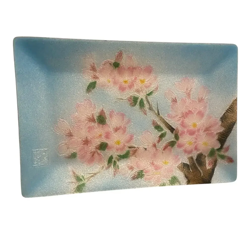 RARE Shippo Japanese Kishiro Cloisonne Enameled Tray Cherry Blosssoms Trinket